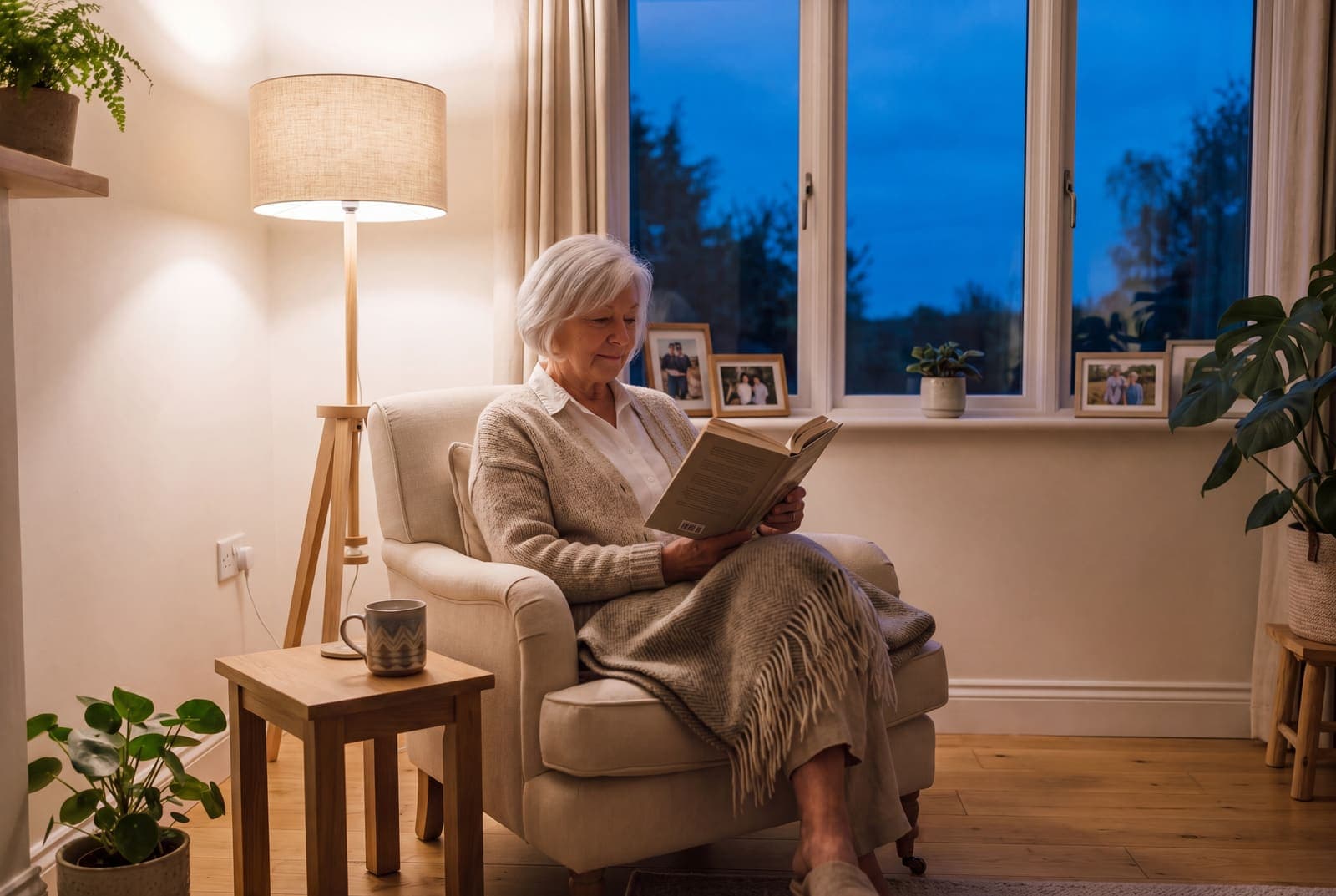An older woman reading in her armchair in the evening