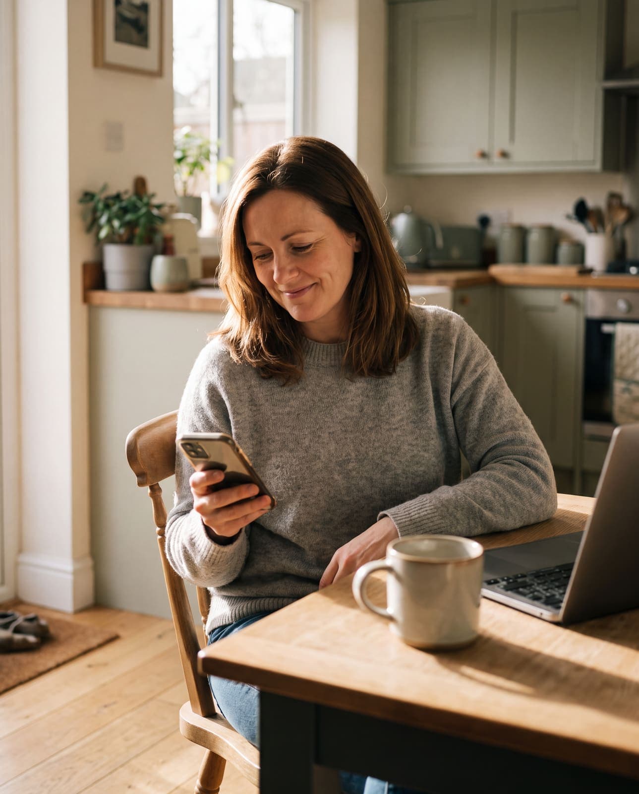 A daughter smiling at her phone