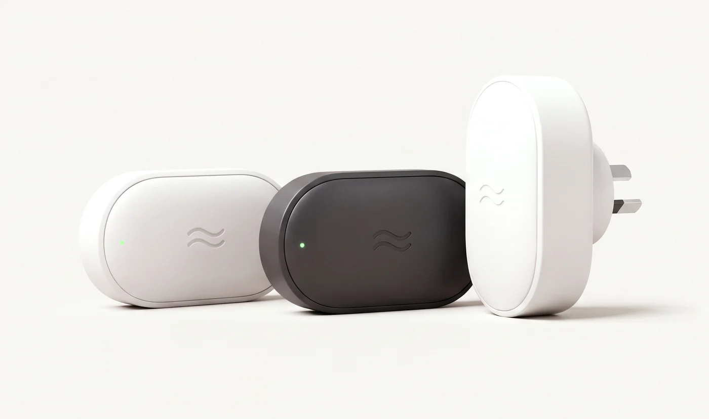 Kin sensors: a porcelain and a graphite standalone sensor, and a white plug-in sensor
